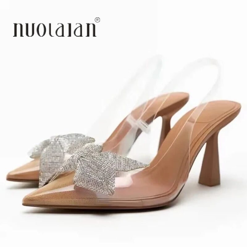 Women Bow Rhinestone Slingback Transparent High Heels 