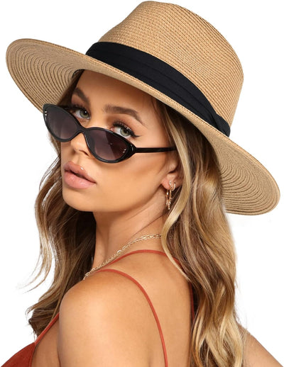 Womens Mens Wide Brim Straw Panama Hat Fedora Summer Beach Sun Hat UPF Straw Hat for Women