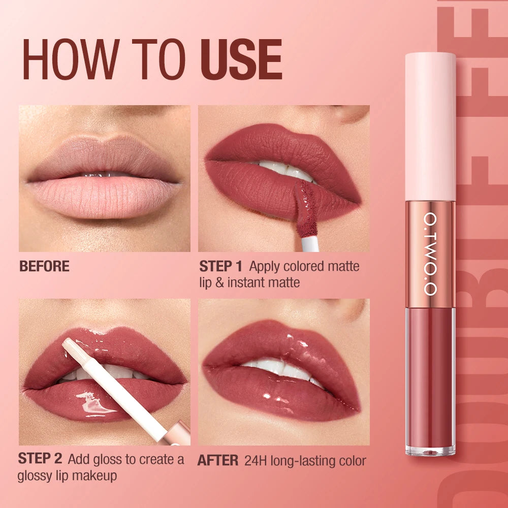 Matte Lipstick Double Head Lip Coat 24HR Non-Stick Cup Lip Gloss Tint Plumper Long Lasting Waterproof Lipstick Makeup