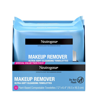 Makeup Remover Wipes, Ultra-Soft Cleansing Facial Towelettes for Waterproof Makeup, Alcohol-Free, Plant-Based, Twin Pack, 25 Count (Pack of 2)