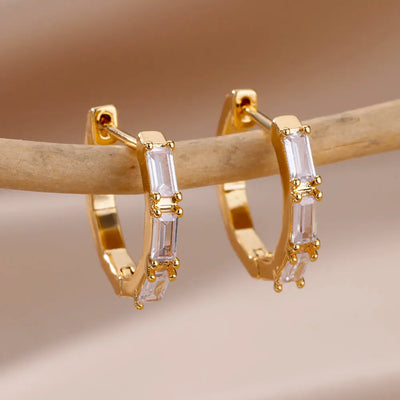 Shiny Zircon Circle Square Hoop Earrings for Women Gold Color Stainless Steel Earrings Luxury Christmas Jewelry Wedding Aretes