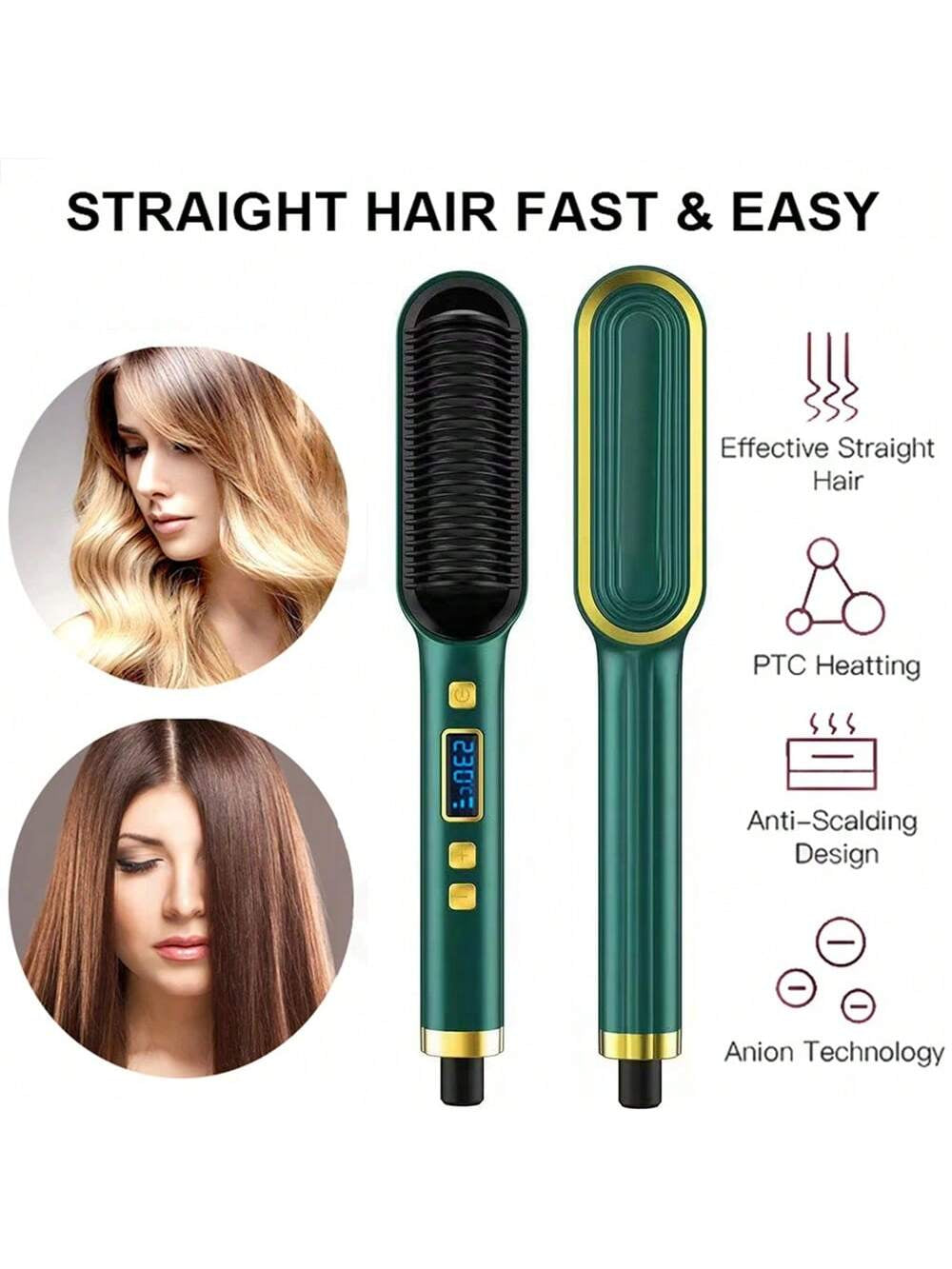 2-In-1 LCD Display Ionic Straightening and Curling Brush