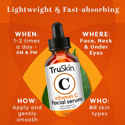 Truskin Vitamin C Face Serum – anti Aging Facial Serum with Vitamin C, Hyaluronic Acid, Vitamin E & More – Brightening Serum for Dark Spots, Even Skin Tone, Eye Area, Fine Lines & Wrinkles, 2 Fl Oz