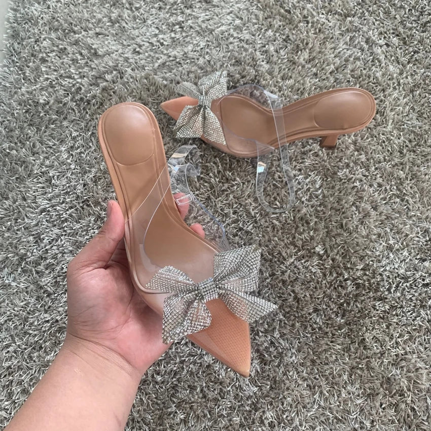 Women Bow Rhinestone Slingback Transparent High Heels 