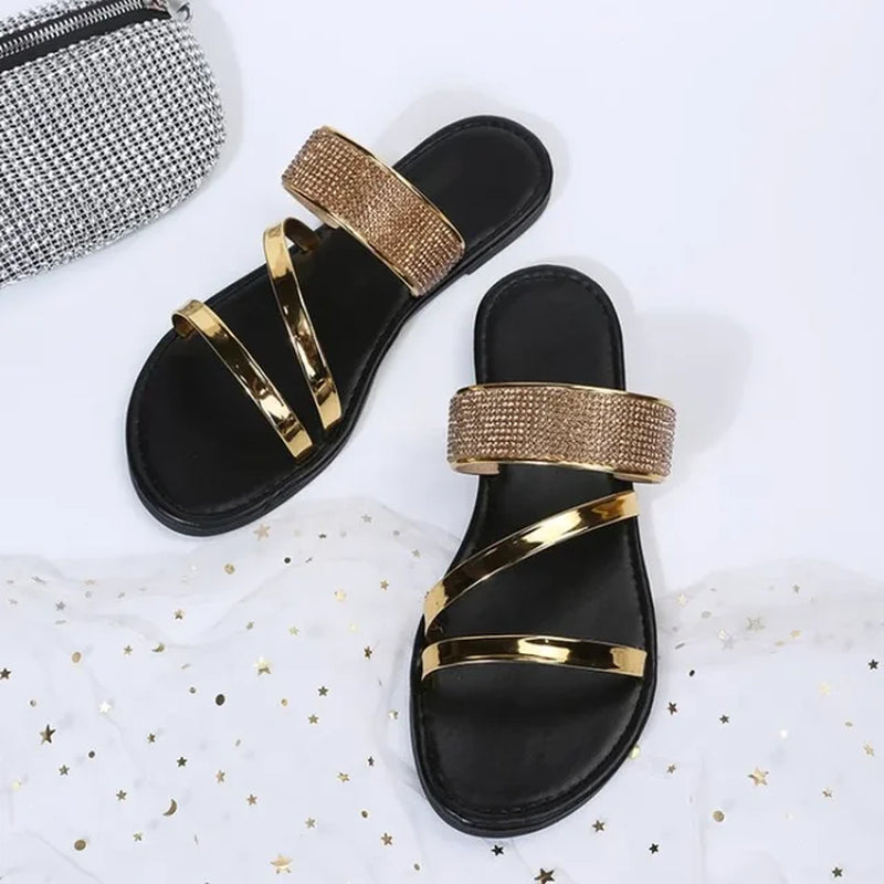 2024 Summer New Women'S Fashion Gold Silver Patent Leather Flat Heel Sandals Bling Rhinestone Narrow Band Beach Casual Slippers