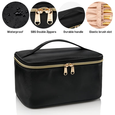 Makeup Bag, Portable Cosmetic Bag, Large Capacity Travel Makeup Case Organizer, Black for Women Toiletry Bag for Girls Traveling with Handle and Divider