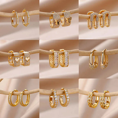 Shiny Zircon Circle Square Hoop Earrings for Women Gold Color Stainless Steel Earrings Luxury Christmas Jewelry Wedding Aretes