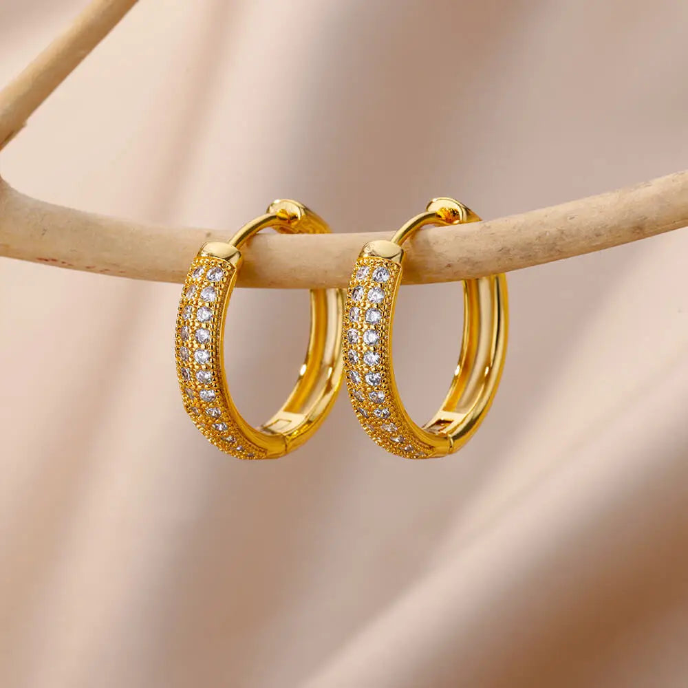 Shiny Zircon Circle Square Hoop Earrings for Women Gold Color Stainless Steel Earrings Luxury Christmas Jewelry Wedding Aretes