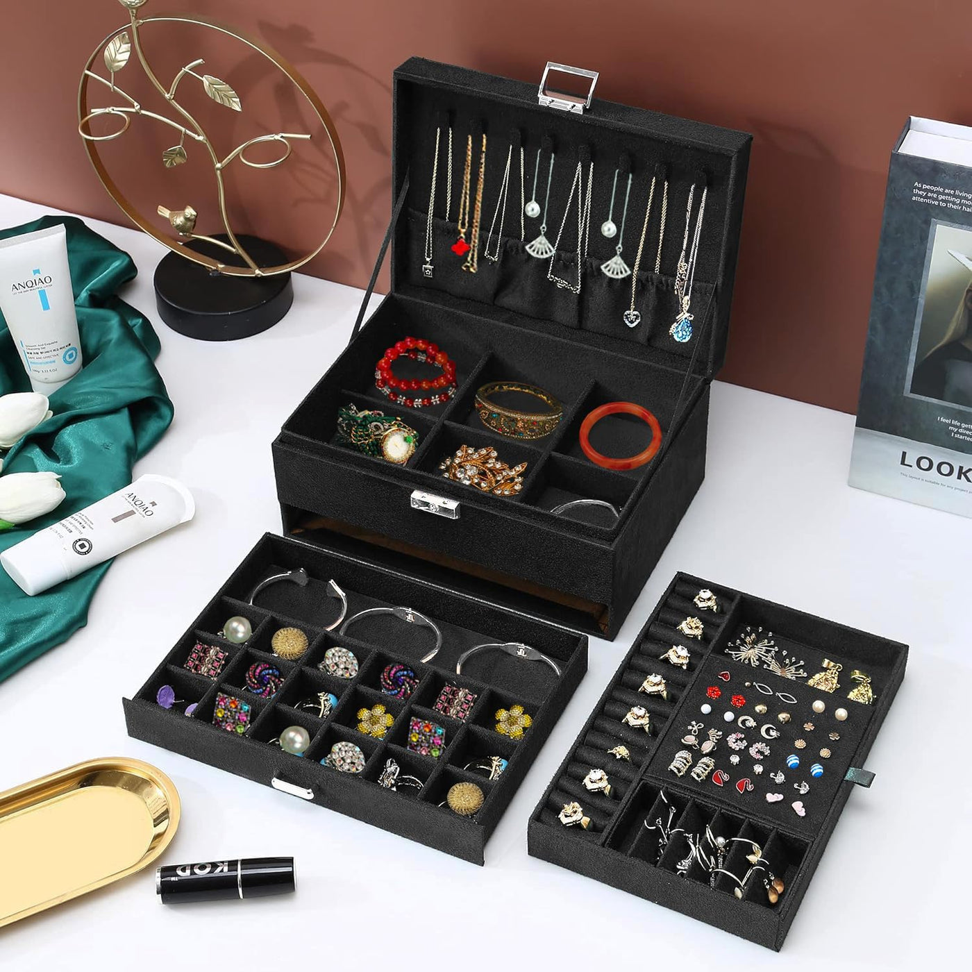 Jewelry Boxes for Women Black Velvet Jewelry Organizer with Lock,Teen Jewelry Organizers and Storage Earring and Necklace Holder Organizer Box Womens Jewelry Box for Necklaces Earrings Rings Bracelets