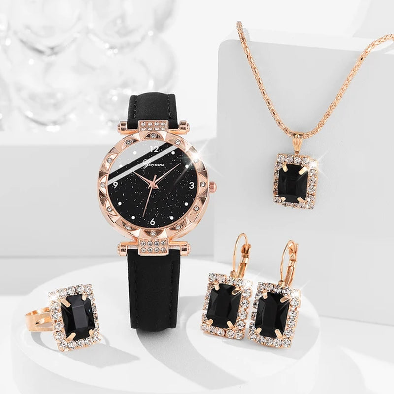 Womens Watches 5Pcs Set Luxury Rhinestone Women Fashion Elegant Wristwatch Quartz Watch for Girl Wristwatch Bracelet Gift