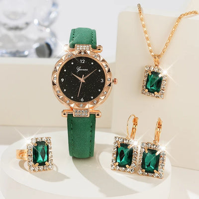 Womens Watches 5Pcs Set Luxury Rhinestone Women Fashion Elegant Wristwatch Quartz Watch for Girl Wristwatch Bracelet Gift