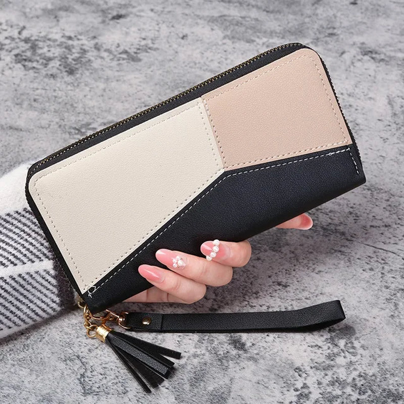 Women Large Capacity Wallet Long Zipper Durable Purse Hundred Literary Simple Splicing Clutch Bag