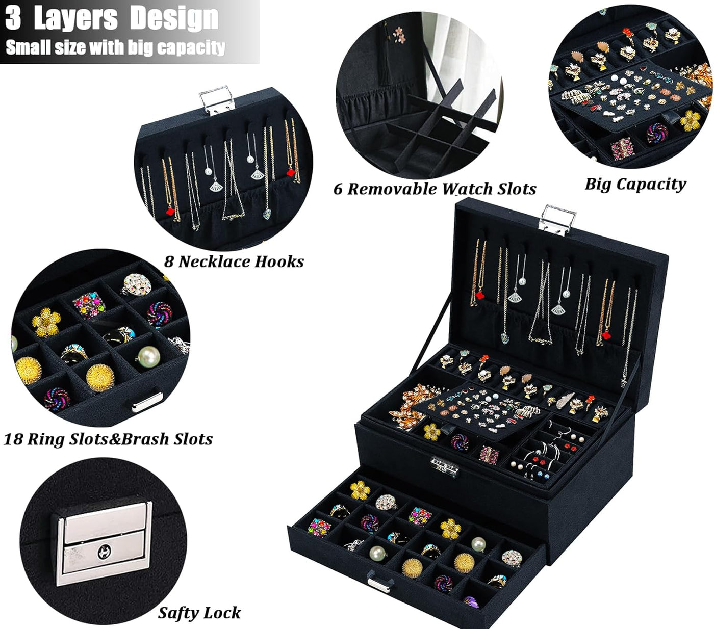 Jewelry Boxes for Women Black Velvet Jewelry Organizer with Lock,Teen Jewelry Organizers and Storage Earring and Necklace Holder Organizer Box Womens Jewelry Box for Necklaces Earrings Rings Bracelets